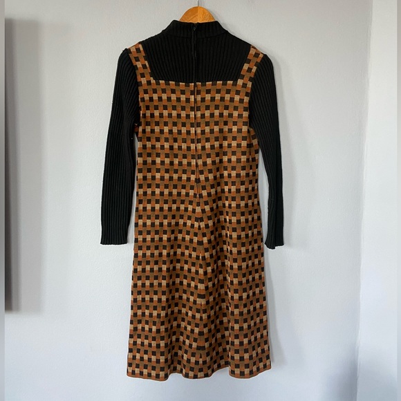 Vintage 70s Jay Kobrin Brown & Black Checkered Mock Neck Long Sleeve Dress 10 - Picture 6 of 10
